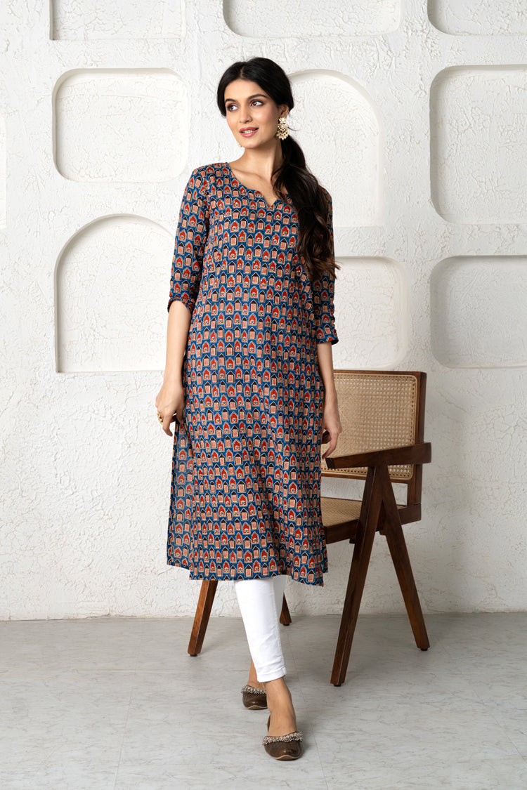 Blue Jharonka Pintuks Kurti PRINTSVALLEY