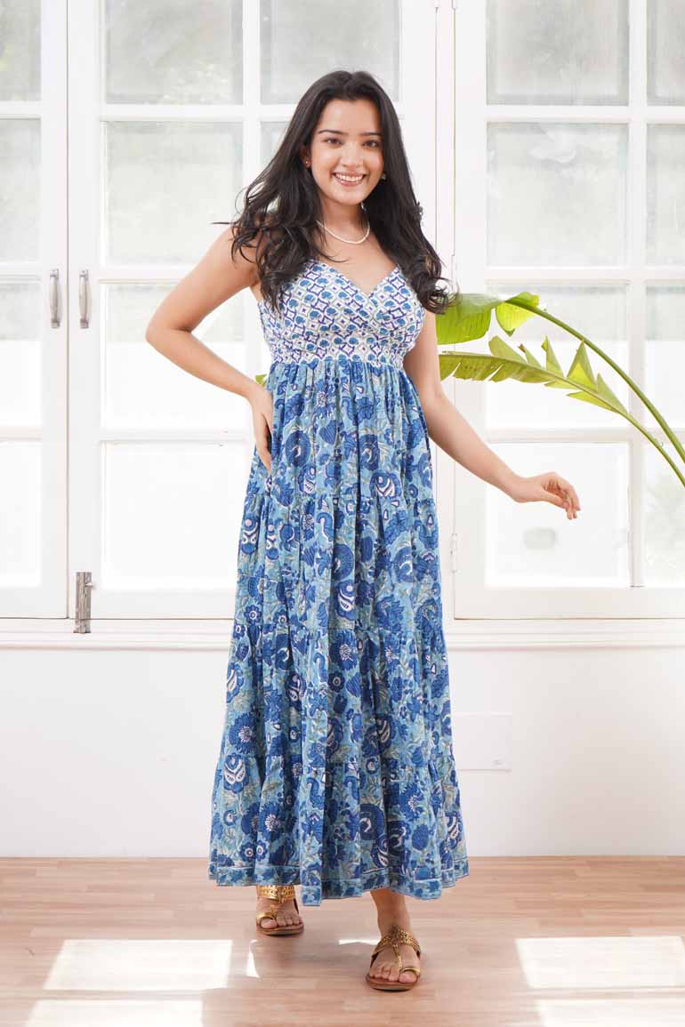 White Blue Floral Dress – PRINTSVALLEY